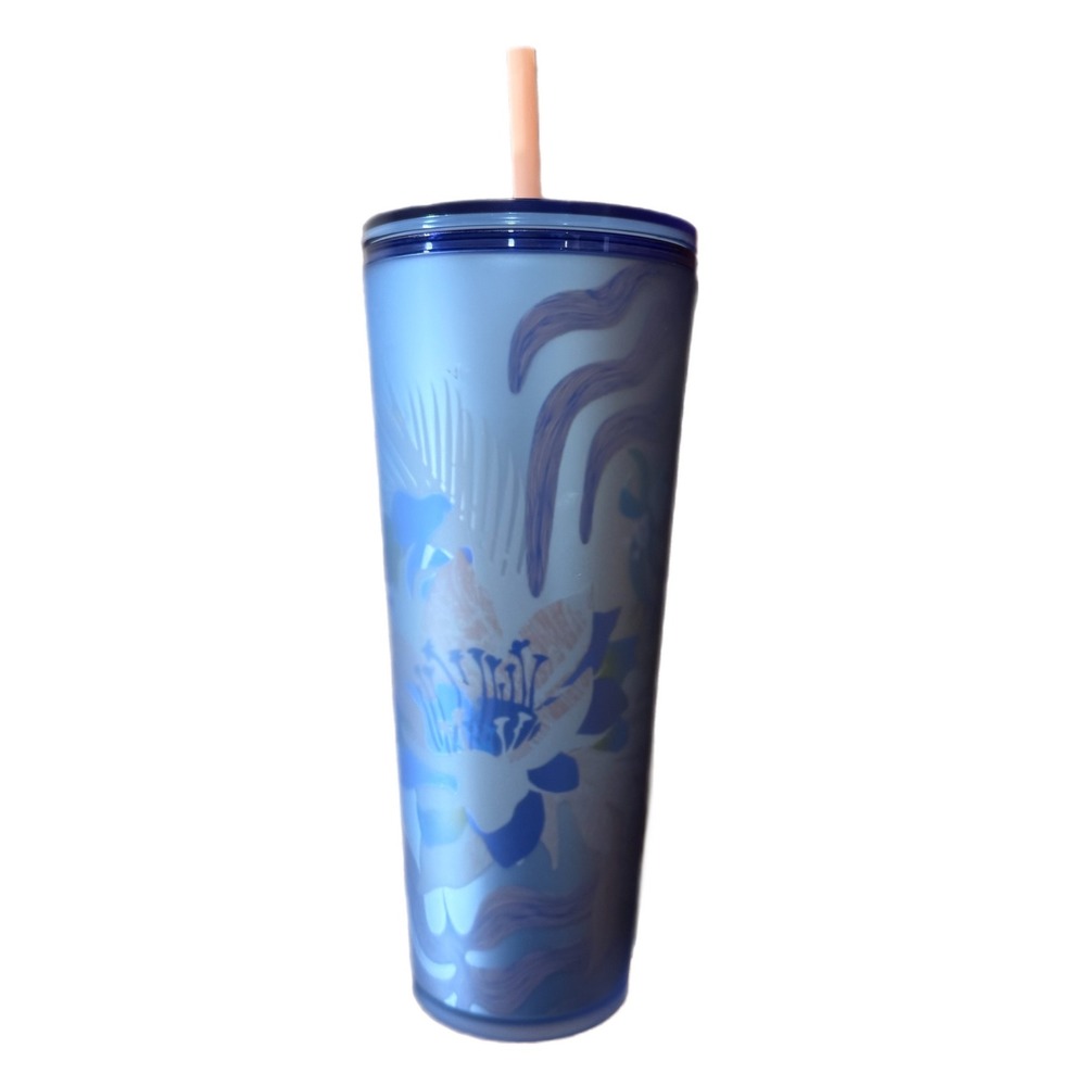 Starbucks 2023 Blue Floral Garden Soft Touch Cold Cup Tumbler Venti 24 oz peach